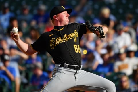 CHICAGO, IL – SEPTEMBER 05: Shea Spitzbarth #66 of the Pittsburgh Pirates pitches against the Chicago Cubs at Wrigley Field on September 05, 2021 in Chicago, Illinois. (Photo by Jamie Sabau/Getty Images)