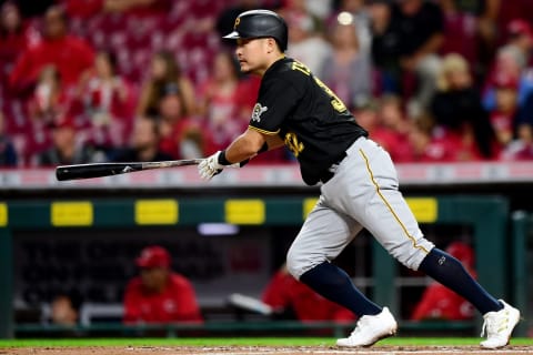 CINCINNATI, OHIO – SEPTEMBER 20: Yoshi Tsutsugo #32 of the Pittsburgh Pirates at bat during a game between the Cincinnati Reds and Pittsburgh Pirates at Great American Ball Park on September 20, 2021 in Cincinnati, Ohio. (Photo by Emilee Chinn/Getty Images)