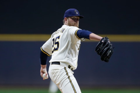 MILWAUKEE, WISCONSIN – SEPTEMBER 22: Brett Anderson #25 of the Milwaukee Brewers throws a pitch in the first inning against the St. Louis Cardinals at American Family Field on September 22, 2021 in Milwaukee, Wisconsin. (Photo by John Fisher/Getty Images)