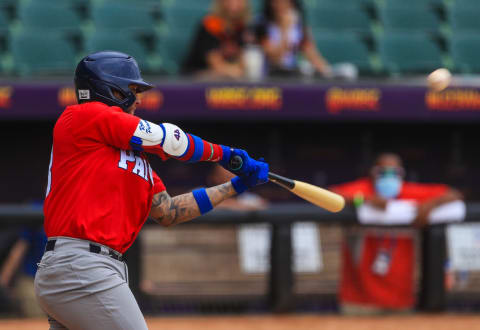 HERMOSILLO, MEXICO – SEPTEMBER 23: Abrahan Rodriguez #13 of Panama tries to hit the ball in the first inning during the game between Panama and Colombia as part of WBSC U-23 Baseball World Cup at Sonora Stadium on September 23, 2021 in Hermosillo, Mexico. (Photo by Luis Gutierrez / Norte Photo/Getty Images)