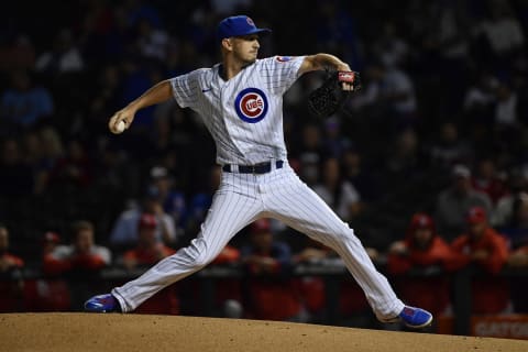 CHICAGO, ILLINOIS – SEPTEMBER 24: Zach Davies #27 of the Chicago Cubs pitches in the first inning in game two of a doubleheader against the St. Louis Cardinals at Wrigley Field on September 24, 2021 in Chicago, Illinois. (Photo by Quinn Harris/Getty Images)