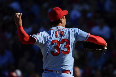 CHICAGO, ILLINOIS – SEPTEMBER 25: Kwang Hyun Kim #33 of the St. Louis Cardinals pitches in the sixth inning against the Chicago Cubs at Wrigley Field on September 25, 2021 in Chicago, Illinois. (Photo by Quinn Harris/Getty Images)