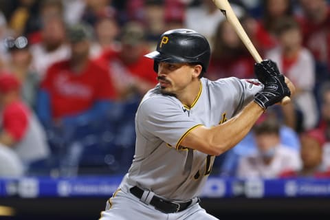 PHILADELPHIA, PA – SEPTEMBER 24: Bryan Reynolds #10 of the Pittsburgh Pirates in action against the Philadelphia Phillies during a game at Citizens Bank Park on September 24, 2021 in Philadelphia, Pennsylvania. (Photo by Rich Schultz/Getty Images)