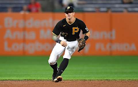 PITTSBURGH, PA – SEPTEMBER 14: Kevin Newman #27 of the Pittsburgh Pirates in action during the game against the Cincinnati Reds at PNC Park on September 14, 2021 in Pittsburgh, Pennsylvania. (Photo by Joe Sargent/Getty Images)