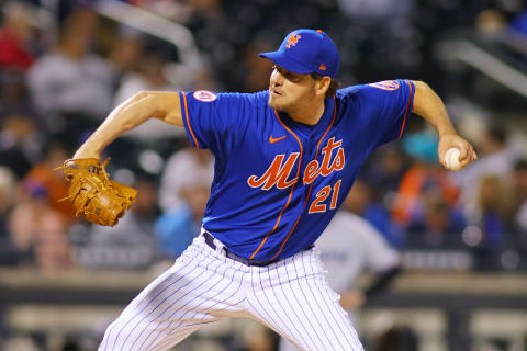 NEW YORK, NEW YORK – SEPTEMBER 30: Rich Hill #21 of the New York Mets pitches in the first inning against the Miami Marlins at Citi Field on September 30, 2021 in New York City. (Photo by Mike Stobe/Getty Images)