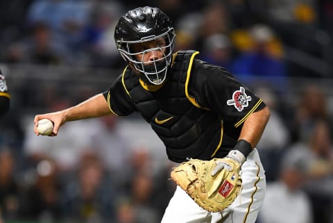 PITTSBURGH, PA – SEPTEMBER 28: Jacob Stallings #58 of the Pittsburgh Pirates in action during the game against the Chicago Cubs at PNC Park on September 28, 2021 in Pittsburgh, Pennsylvania. (Photo by Joe Sargent/Getty Images)