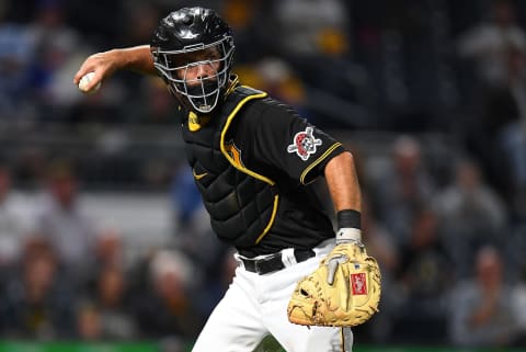 PITTSBURGH, PA – SEPTEMBER 28: Jacob Stallings #58 of the Pittsburgh Pirates in action during the game against the Chicago Cubs at PNC Park on September 28, 2021 in Pittsburgh, Pennsylvania. (Photo by Joe Sargent/Getty Images)