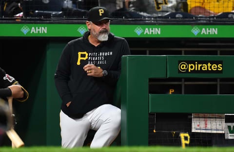 PITTSBURGH, PA – SEPTEMBER 28: Manager Derek Shelton of the Pittsburgh Pirates looks on during the game against the Chicago Cubs at PNC Park on September 28, 2021 in Pittsburgh, Pennsylvania. (Photo by Joe Sargent/Getty Images)