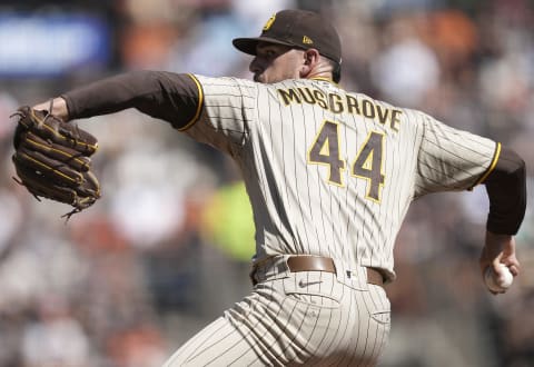 SAN FRANCISCO, CALIFORNIA – OCTOBER 02: Joe Musgrove #44 of the San Diego Padres pitches against the San Francisco Giants in the bottom of the fourth inning at Oracle Park on October 02, 2021 in San Francisco, California. (Photo by Thearon W. Henderson/Getty Images)