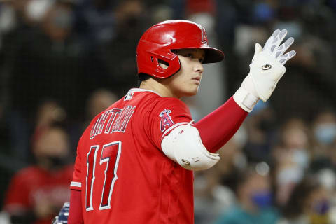 SEATTLE, WASHINGTON – OCTOBER 02: Shohei Ohtani #17 of the Los Angeles Angels reacts during the game against the Seattle Mariners at T-Mobile Park on October 02, 2021 in Seattle, Washington. (Photo by Steph Chambers/Getty Images)