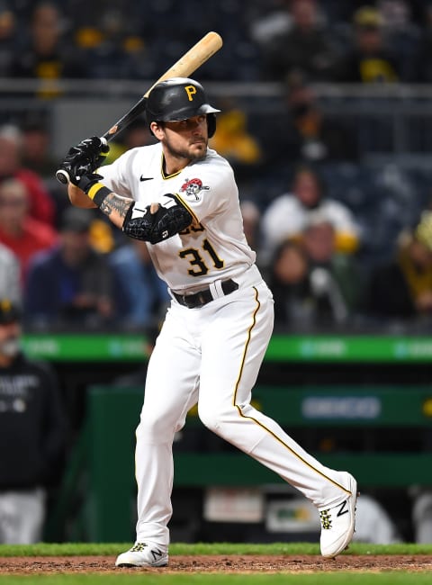 PITTSBURGH, PA – OCTOBER 01: Michael Chavis #31 of the Pittsburgh Pirates in action during the game against the Cincinnati Reds at PNC Park on October 1, 2021 in Pittsburgh, Pennsylvania. (Photo by Joe Sargent/Getty Images)