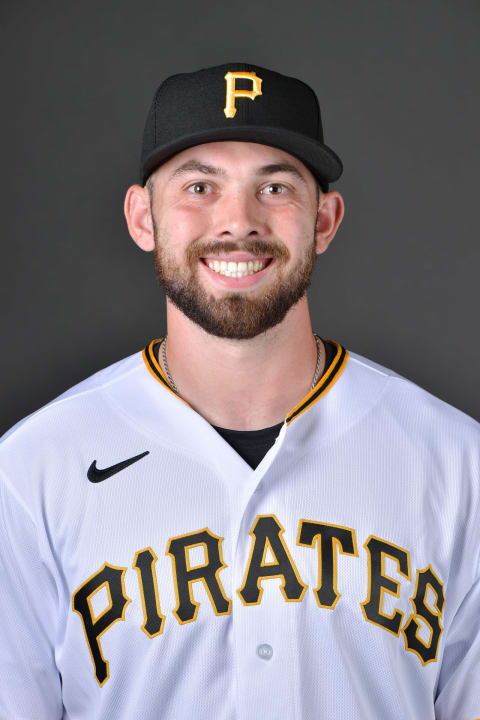 BRADENTON, FLORIDA – MARCH 16: Carter Bins #96 of the Pittsburgh Pirates poses for a picture during the 2022 Photo Day at LECOM Park on March 16, 2022 in Bradenton, Florida. (Photo by Julio Aguilar/Getty Images)