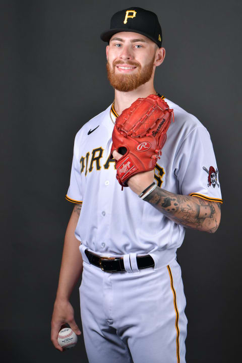 BRADENTON, FLORIDA – MARCH 16: Mike Burrows #93 of the Pittsburgh Pirates poses for a picture during the 2022 Photo Day at LECOM Park on March 16, 2022 in Bradenton, Florida. (Photo by Julio Aguilar/Getty Images)