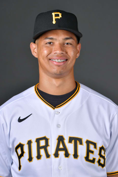 BRADENTON, FLORIDA – MARCH 16: Endy Rodriguez #80 of the Pittsburgh Pirates poses for a picture during the 2022 Photo Day at LECOM Park on March 16, 2022 in Bradenton, Florida. (Photo by Julio Aguilar/Getty Images)