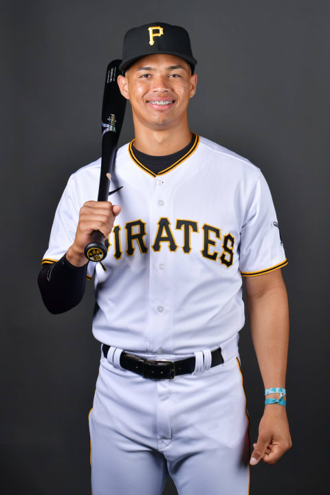 BRADENTON, FLORIDA – MARCH 16: Endy Rodriguez #80 of the Pittsburgh Pirates poses for a picture during the 2022 Photo Day at LECOM Park on March 16, 2022 in Bradenton, Florida. (Photo by Julio Aguilar/Getty Images)