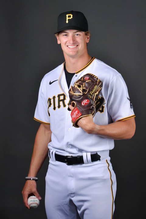 BRADENTON, FLORIDA – MARCH 16: Quinn Priester #61 of the Pittsburgh Pirates poses for a picture during the 2022 Photo Day at LECOM Park on March 16, 2022 in Bradenton, Florida. (Photo by Julio Aguilar/Getty Images)