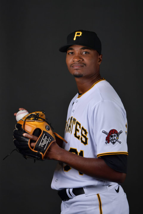 BRADENTON, FLORIDA – MARCH 16: Yerry De Los Santos #71 of the Pittsburgh Pirates poses for a picture during the 2022 Photo Day at LECOM Park on March 16, 2022 in Bradenton, Florida. (Photo by Julio Aguilar/Getty Images)