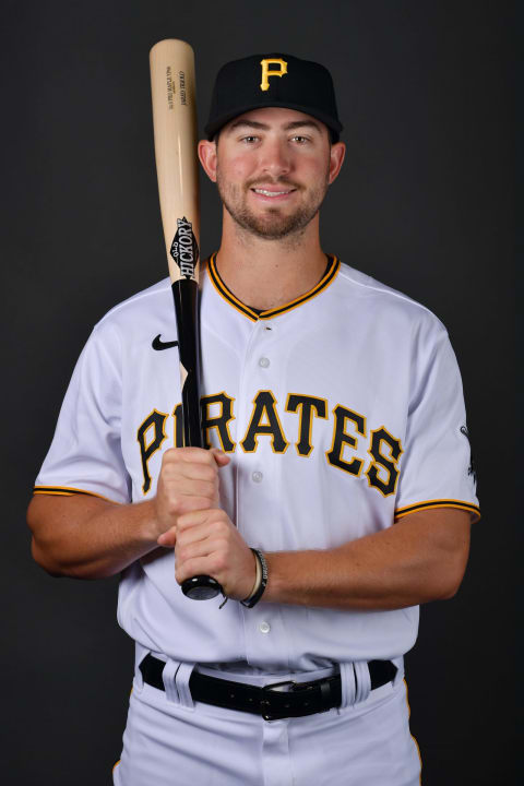 BRADENTON, FLORIDA – MARCH 16: Jared Triolo #85 of the Pittsburgh Pirates poses for a picture during the 2022 Photo Day at LECOM Park on March 16, 2022 in Bradenton, Florida. (Photo by Julio Aguilar/Getty Images)