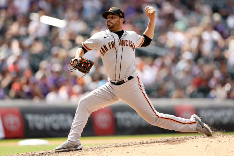 DENVER, COLORADO – MAY 18: Pitcher Jose Alvarez #48 of the San Francisco Giants throws against the Colorado Rockies in the eighth inning at Coors Field on May 18, 2022 in Denver, Colorado. (Photo by Matthew Stockman/Getty Images)