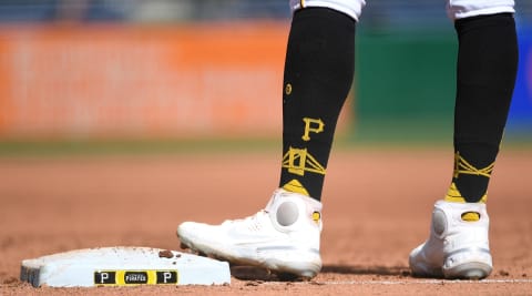 PITTSBURGH, PA – APRIL 17: A detailed view of the Nike cleats and Stance Socks worn by Jake Marisnick #41 of the Pittsburgh Pirates during the game against the Washington Nationals at PNC Park on April 17, 2022 in Pittsburgh, Pennsylvania. (Photo by Justin Berl/Getty Images)