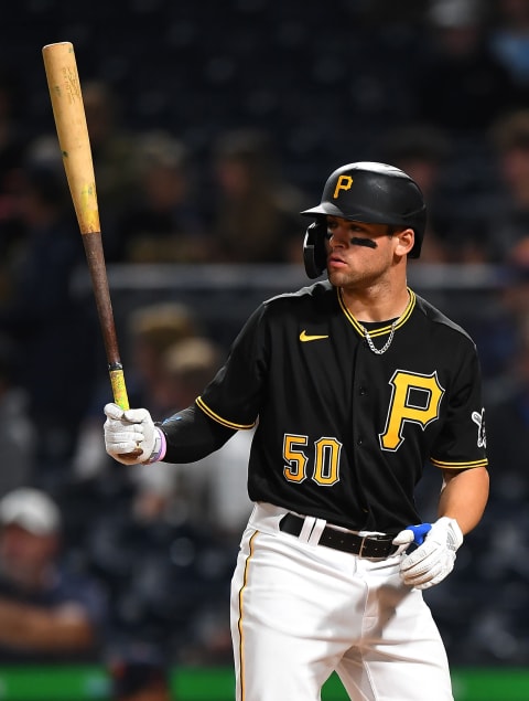 PITTSBURGH, PA – JUNE 07: Travis Swaggerty #50 of the Pittsburgh Pirates in action during the game against the Detroit Tigers at PNC Park on June 7, 2022 in Pittsburgh, Pennsylvania. (Photo by Joe Sargent/Getty Images)