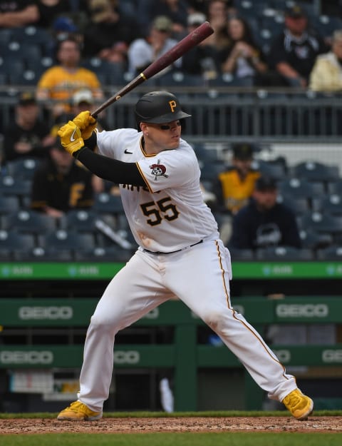 PITTSBURGH, PA – MAY 01: Roberto Perez #55 of the Pittsburgh Pirates in action during the game against the San Diego Padres at PNC Park on May 1, 2022 in Pittsburgh, Pennsylvania. (Photo by Justin Berl/Getty Images)