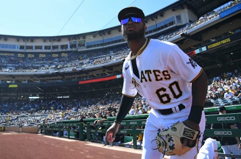 PITTSBURGH, PA – JUNE 18: Liover Peguero #60 of the Pittsburgh Pirates takes the field in the first inning of his MLB debut during the game against the San Francisco Giants at PNC Park on June 18, 2022 in Pittsburgh, Pennsylvania. (Photo by Justin Berl/Getty Images)