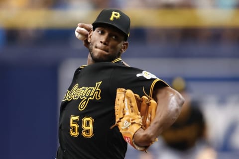 ST PETERSBURG, FLORIDA – JUNE 26: Roansy Contreras #59 of the Pittsburgh Pirates throws a pitch during the second inning against the Tampa Bay Rays at Tropicana Field on June 26, 2022 in St Petersburg, Florida. (Photo by Douglas P. DeFelice/Getty Images)