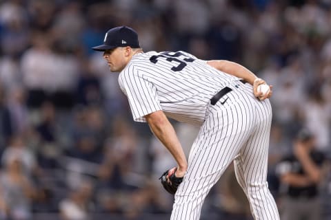 NEW YORK, NEW YORK – JUNE 28: Clay Holmes #35 of the New York Yankees stands on the mound during the ninth inning of the game against the Oakland Athletics at Yankee Stadium on June 28, 2022 in New York City. (Photo by Dustin Satloff/Getty Images)