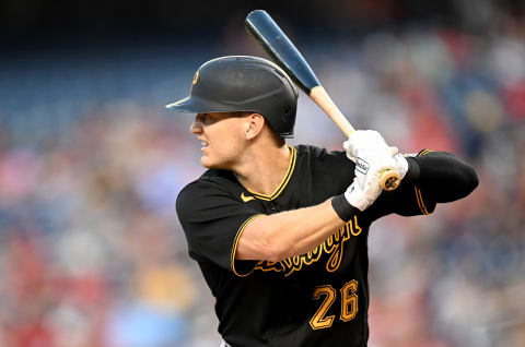 WASHINGTON, DC – JUNE 27: Josh VanMeter #26 of the Pittsburgh Pirates bats against the Washington Nationals at Nationals Park on June 27, 2022 in Washington, DC. (Photo by G Fiume/Getty Images)