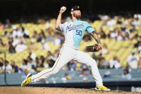 LOS ANGELES, CALIFORNIA – JULY 16: Mike Burrows #50 of the National League pitches during the fifth inning of the SiriusXM All-Star Futures Game against the American League at Dodger Stadium on July 16, 2022 in Los Angeles, California. (Photo by Kevork Djansezian/Getty Images)