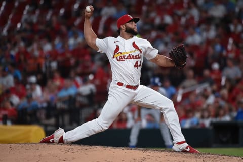 ST LOUIS, MO – JULY 12: Junior Fernandez #44 of the St. Louis Cardinals pitches against the Los Angeles Dodgers at Busch Stadium on July 12, 2022 in St Louis, Missouri. (Photo by Joe Puetz/Getty Images)