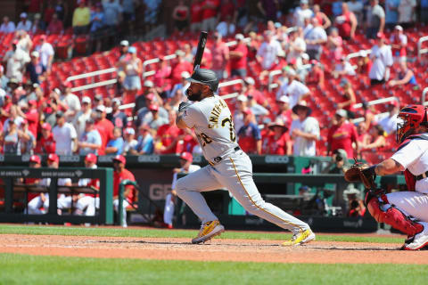 ST LOUIS, MO – JUNE 14: Canaan Smith-Njigba #28 of the Pittsburgh Pirates against the St. Louis Cardinals during game one of a doubleheader at Busch Stadium on June 14, 2022 in St Louis, Missouri. (Photo by Dilip Vishwanat/Getty Images)