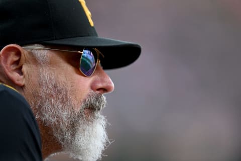 BALTIMORE, MARYLAND – AUGUST 06: Manager Derek Shelton #17 of the Pittsburgh Pirates watches the game in the second inning against the Baltimore Orioles at Oriole Park at Camden Yards on August 06, 2022 in Baltimore, Maryland. (Photo by Greg Fiume/Getty Images)