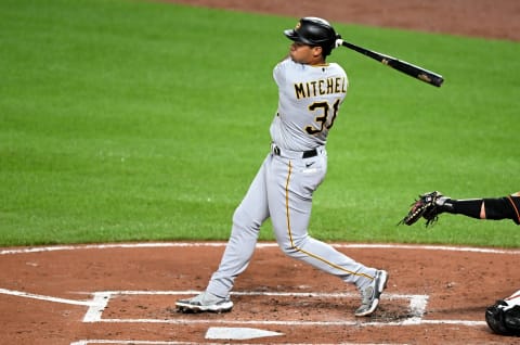 BALTIMORE, MARYLAND – AUGUST 05: Cal Mitchell #31 of the Pittsburgh Pirates bats against the Baltimore Orioles at Oriole Park at Camden Yards on August 05, 2022 in Baltimore, Maryland. (Photo by G Fiume/Getty Images)