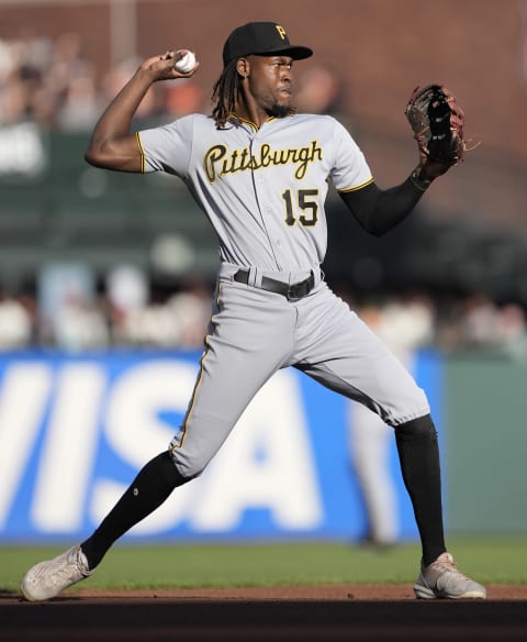 SAN FRANCISCO, CALIFORNIA – AUGUST 13: Oneil Cruz #15 of the Pittsburgh Pirates warms up prior to the start of the bottom of the first inning against the San Francisco Giants at Oracle Park on August 13, 2022 in San Francisco, California. (Photo by Thearon W. Henderson/Getty Images)