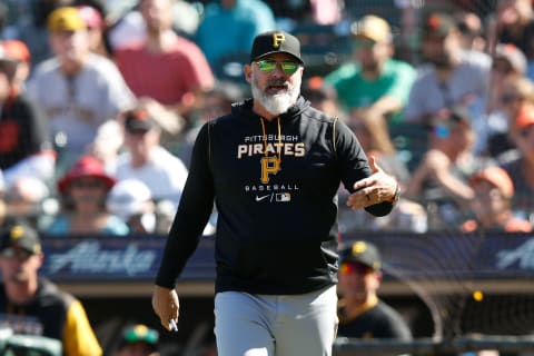 SAN FRANCISCO, CALIFORNIA – AUGUST 14: Manager Derek Shelton #17 of the Pittsburgh Pirates talks to the home plate umpire during the game against the San Francisco Giants at Oracle Park on August 14, 2022 in San Francisco, California. (Photo by Lachlan Cunningham/Getty Images)