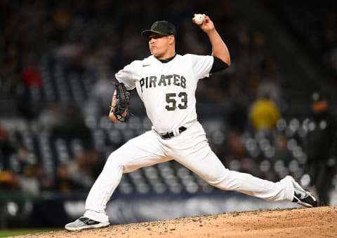 PITTSBURGH, PA – OCTOBER 03: Manny Banuelos #53 of the Pittsburgh Pirates in action during the game against the St. Louis Cardinals at PNC Park on October 3, 2022 in Pittsburgh, Pennsylvania. (Photo by Joe Sargent/Getty Images)