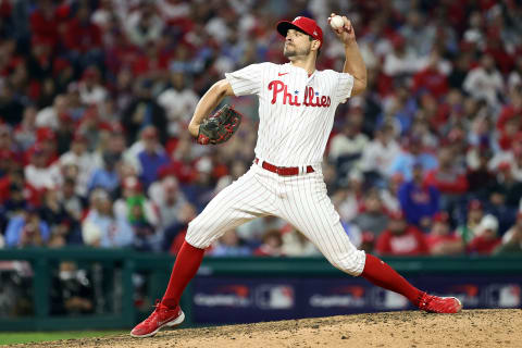 PHILADELPHIA, PENNSYLVANIA – NOVEMBER 02: Brad Hand #52 of the Philadelphia Phillies delivers a pitch against the Houston Astros during the ninth inning in Game Four of the 2022 World Series at Citizens Bank Park on November 02, 2022 in Philadelphia, Pennsylvania. (Photo by Tim Nwachukwu/Getty Images)