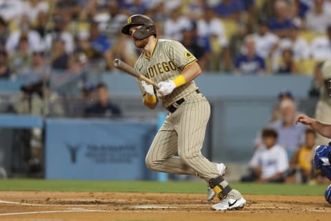 LOS ANGELES, CA – SEPTEMBER 02: Brandon Drury #17 of the San Diego Padres homers during the game against the Los Angeles Dodgers at Dodger Stadium on September 2, 2022 in Los Angeles, California. The Padres defeated the Dodgers 7-1. (Photo by Rob Leiter/MLB Photos via Getty Images)