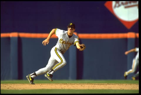 15 Apr 1993: JAY BELL, SHORTSTOP FOR THE PITTSBURGH PIRATES, BREAKS FOR A GROUND BALL DURING THEIR GAME AGAINST THE SAN DIEGO PADRES AT JACK MURPHY STADIUM IN SAN DIEGO, CALIFORNIA.