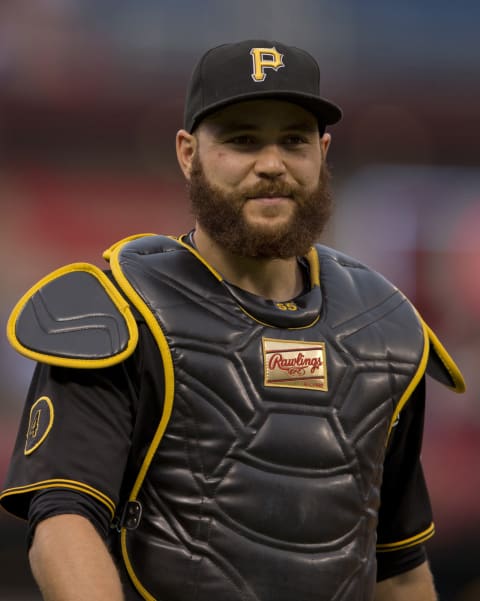 PHILADELPHIA, PA – SEPTEMBER 8: A close up of catcher Russell Martin #55 of the Pittsburgh Pirates prior to the game against the Philadelphia Phillies on September 8, 2014 at Citizens Bank Park in Philadelphia, Pennsylvania. (Photo by Mitchell Leff/Getty Images)