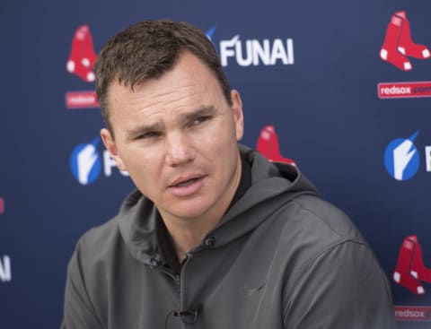 FT. MYERS, FL – FEBRUARY 20: General Manager Ben Cherington of the Boston Red Sox speaks with the media following the first full team Spring Training workout at Fenway South on February 20, 2014 in Fort Myers, Florida. (Photo by Michael Ivins/Boston Red Sox/Getty Images)