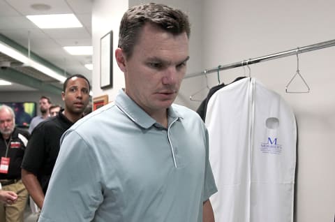 BOSTON, MA – AUGUST 14: Ben Cherington, general manager of the Boston Red Sox, leaves the pressroom after addressing the media before a game with the Seattle Mariners at Fenway Park on August 14, 2015 in Boston, Massachusetts. John Farrell #53 of the Boston Red Sox will step down to start treatments Stage 1 lymphoma.(Photo by Jim Rogash/Getty Images)