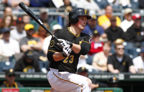 PITTSBURGH, PA – MAY 07: Travis Snider #23 of the Pittsburgh Pirates hits a two RBI single in the second inning against the San Francisco Giants during the game at PNC Park May 7, 2014 in Pittsburgh, Pennsylvania. (Photo by Justin K. Aller/Getty Images)