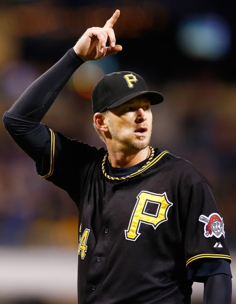 PITTSBURGH, PA – OCTOBER 03: A.J. Burnett #34 of the Pittsburgh Pirates gestures after being pulled from the game in the 7th inning in his final career regular season game against the Cincinnati Reds during the game at PNC Park on October 3, 2015 in Pittsburgh, Pennsylvania. (Photo by Jared Wickerham/Getty Images)