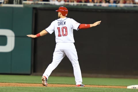 WASHINGTON, DC – JULY 03: Stephen Drew #10 of the Washington Nationals reacts to the game winning hit by teammate Ryan Raburn #18 (not pictured) in the ninth inning against the New York Mets at Nationals Park on July 3, 2017 in Washington, DC. (Photo by Mitchell Layton/Getty Images)