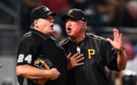 PITTSBURGH, PA – JULY 14: Manager Clint Hurdle of the Pittsburgh Pirates argues with home plate umpire Jerry Layne