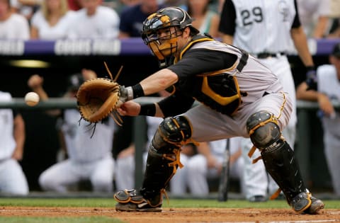 DENVER – JULY 19: Catcher Ryan Doumit #41 of the Pittsburgh Pirates takes a throw at the plate against the Colorado Rockies at Coors Field on July 19, 2008 in Denver, Colorado. The Rockies defeated the Pirates 7-1. (Photo by Doug Pensinger/Getty Images)