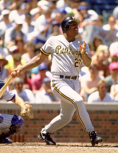 CHICAGO – 1990: Bobby Bonilla of the Pittsburgh Pirates bats during an MLB game versus the Chicago Cubs at Wrigley Field in Chicago, Illinois during the 1990 season. (Photo by Ron Vesely/MLB Photos via Getty Images)